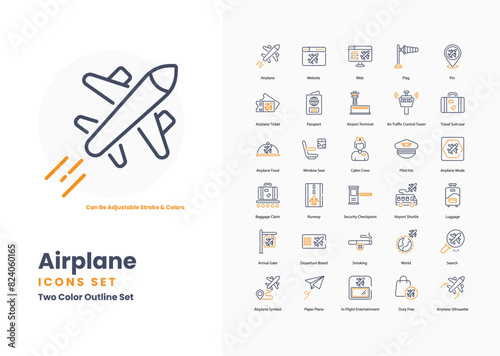 Airplane icons collection. Set contains such Icons as Runway, Departure, Arrival, Boarding, Cabin, Air Traffic Control, Sky, Clouds, Takeoff, Landing, and more