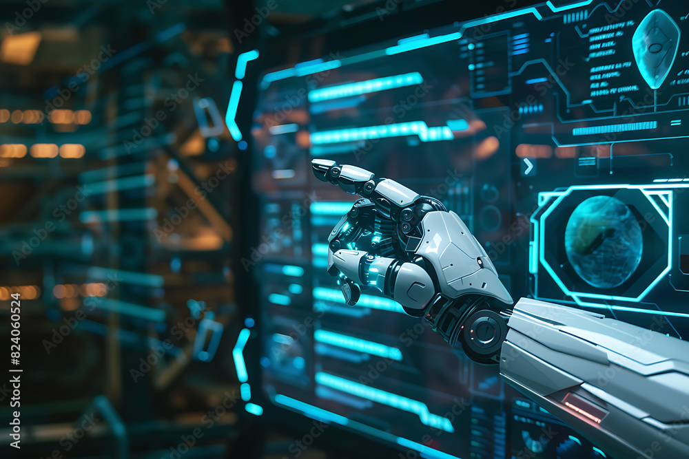 A robot hand presses with the index finger on the holographic screen choosing options in a futuristic interface. A robot hand presses with the index finger on the holographic screen choosing options in a futuristic interface.