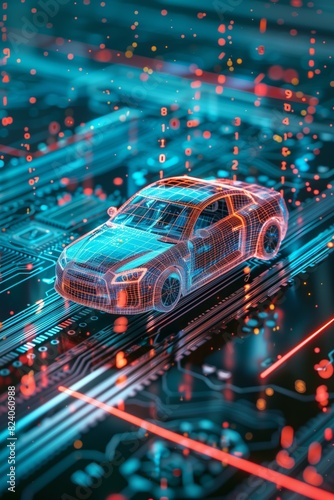 hologram of 3d model of electric car on circuit board, futuristic transportation concept, electronics in auto industry, holographic modern design