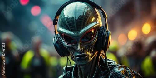 crazy alien space dj with headphones