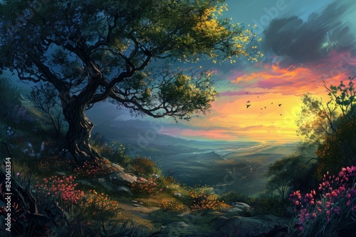 A beautiful landscape with a tree in the foreground and a sunset in the background. The sky is filled with clouds and the sun is setting  creating a warm and peaceful atmosphere