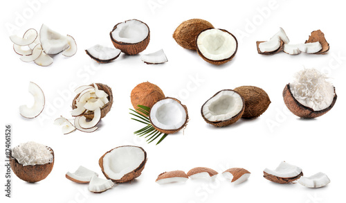 Set of tasty coconuts on white background