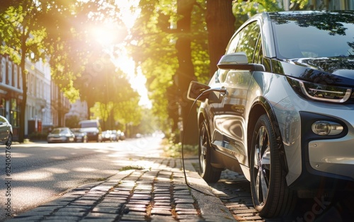 Electric car charging on a sunny street, highlighted by sunlight through trees.