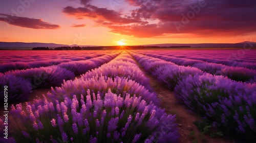 Sunset over a lavender field in full bloom, with the purple flowers stretching into the horizon
