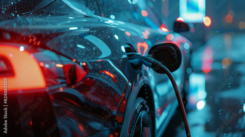 futuristic luxury car charging at power supply station, shiny luxury EV electric vehicle charge by cable, night street on background futuristic luxury car charging at power supply station, shiny luxury EV electric vehicle charge by cable, night street on background