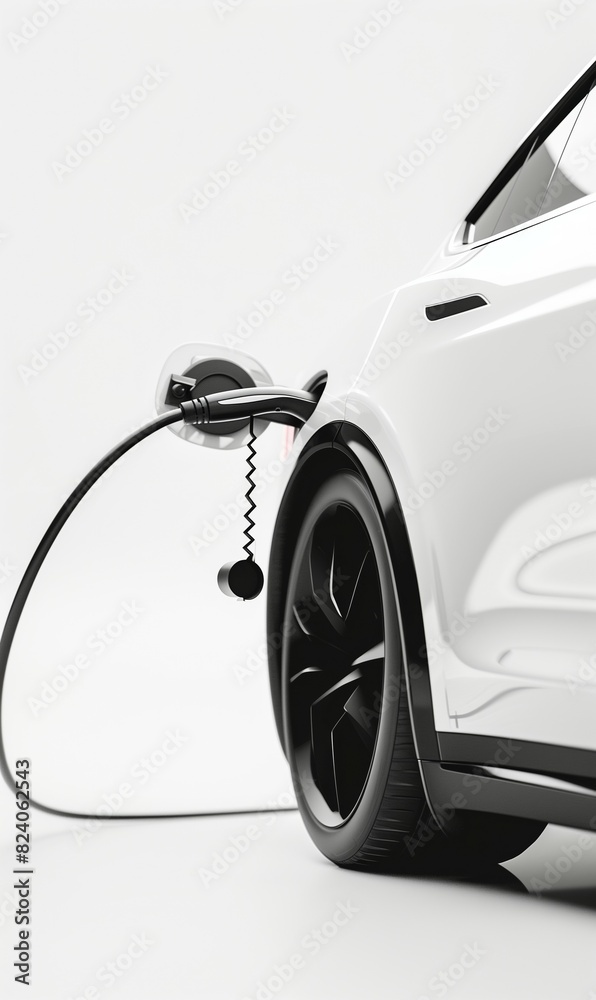 Naklejka premium futuristic luxury car charging at power supply station, shiny luxury EV electric vehicle charge by cable, in style of high key, studio shot isolated on white