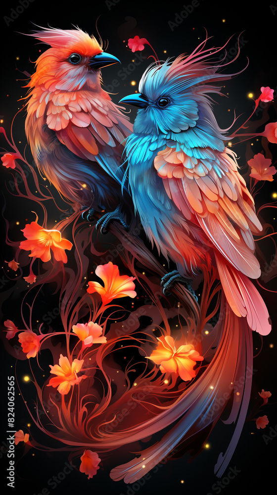 Obraz premium Two Birds Perched Among Flowers on Black Background