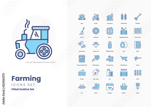 Farming icons collection. Set contains such Icons as Farm, Agriculture, Farmer, Crops, Livestock, Tractor, Barn, Field, Harvest, Crop Rotation, and more