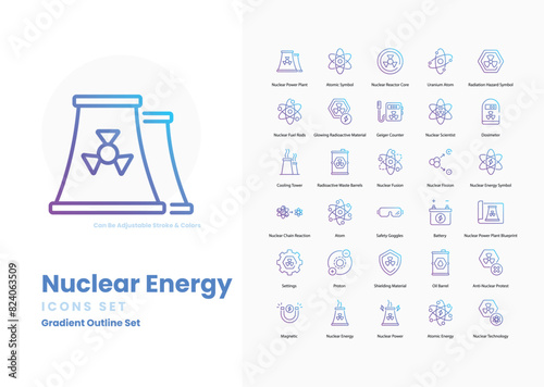Nuclear Energy icons collection. Set contains such Icons as Nuclear Reactor, Uranium, Plutonium, Radiation, Fission, Fusion, Nuclear Power Plant, Nuclear Fuel, and more