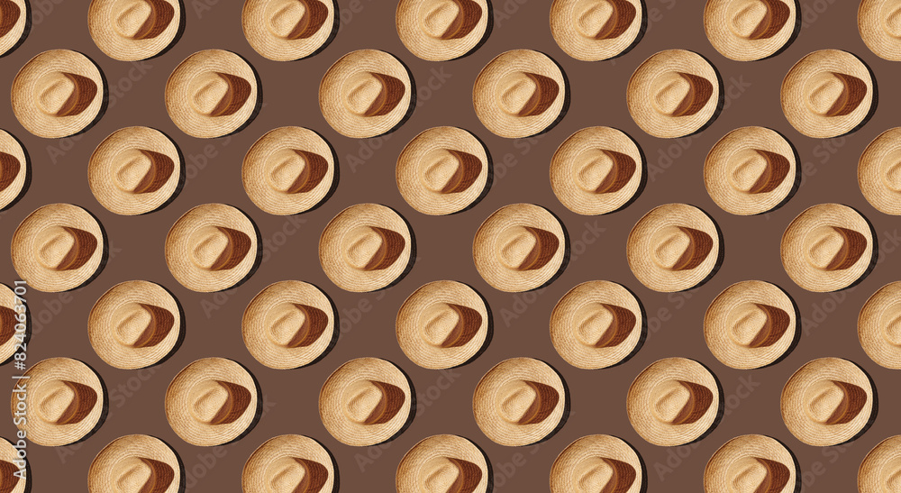 Pattern of straw with ribbon hats on brown pastel background