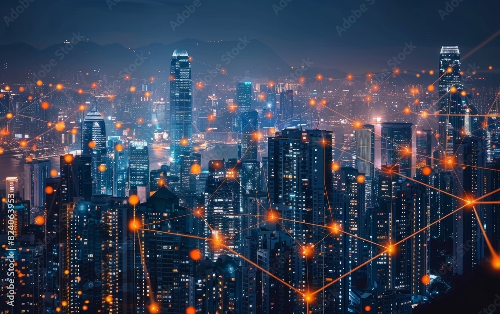 Futuristic cityscape with glowing connections and illuminated skyscrapers at night.