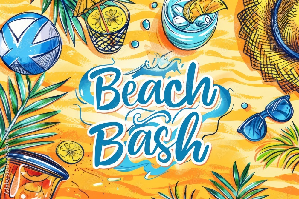 Fototapeta premium Beach bash invitation featuring volleyball, cocktails, sunglasses, hat, and tropical leaves on vibrant sandy background