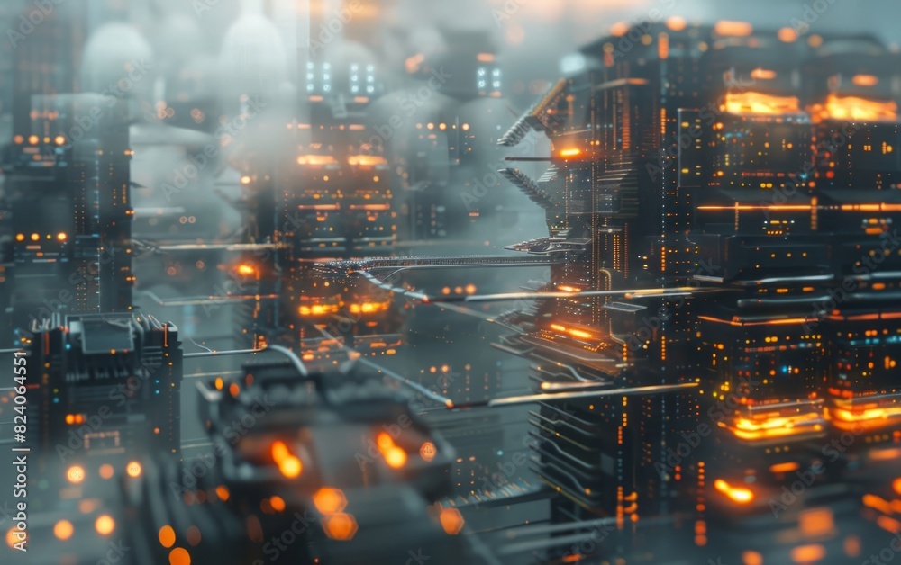 Futuristic digital cityscape displaying glowing, interconnected data servers.