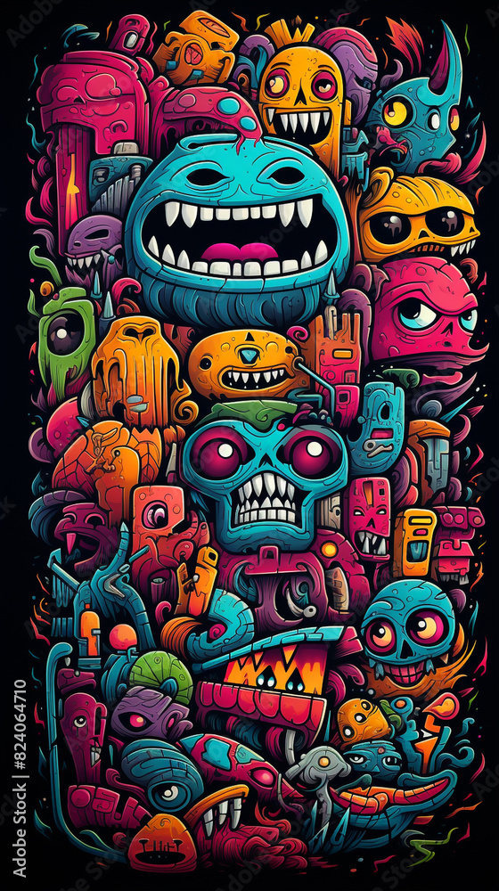 Obraz premium Colorful Monsters Print Black T-Shirt