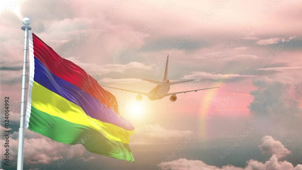 Mauritius flag Waving Realistic With Sky Plane Takes Off At Sunrise