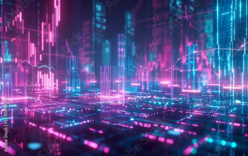 Futuristic digital landscape with glowing neon lines and abstract mountains.