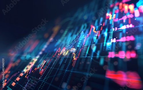 Futuristic digital stock market data visualization with dynamic graphs and glowing numbers. photo