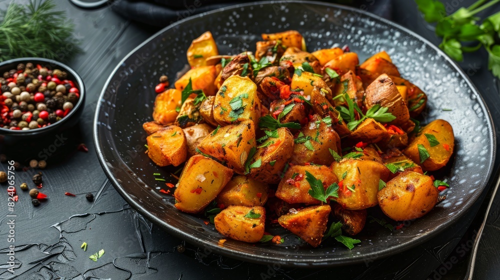 A delicious serving of fried potatoes seasoned with a mix of aromatic herbs, perfect for a savory side dish A delicious serving of fried potatoes seasoned with a mix of aromatic herbs, perfect for a savory side dish