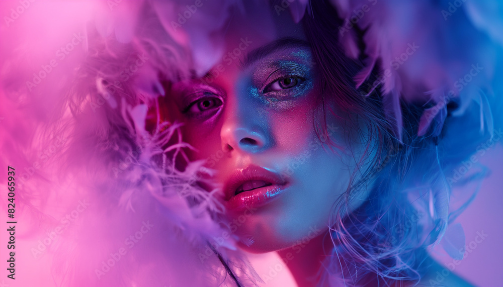 High Fashion model girl in colorful bright neon lights posing in studio through transparent film. Portrait of beautiful sexy woman in UV. Art design colorful make up. On colourful vivid background
