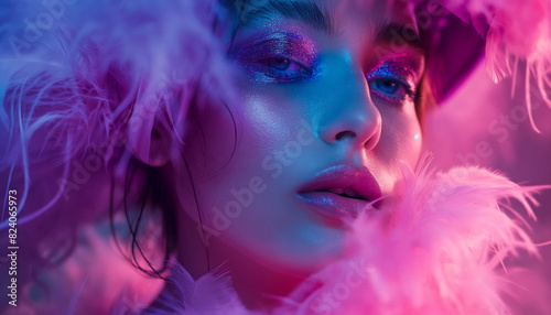 High Fashion model girl in colorful bright neon lights posing in studio through transparent film. Portrait of beautiful sexy woman in UV. Art design colorful make up. On colourful vivid background 