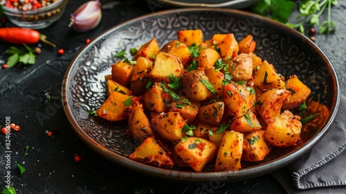 A delicious serving of fried potatoes seasoned with a mix of aromatic herbs, perfect for a savory side dish