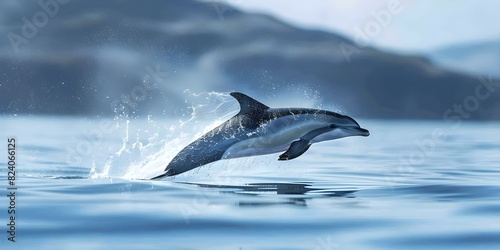 Dolphin leaping during whale watching tour in Tobermory Scotland. Concept Wildlife Photography, Marine Adventure, Whale Watching, Wildlife Conservation, Nature Excursions photo