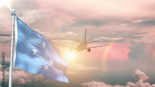 Micronesia Federated States flag Waving Realistic With Sky Plane Takes Off At Sunrise photo