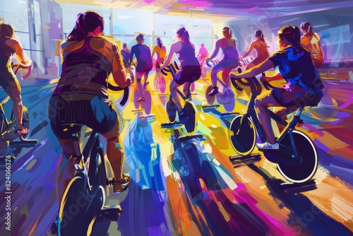 energetic gym spinning class with diverse fitness enthusiasts digital painting