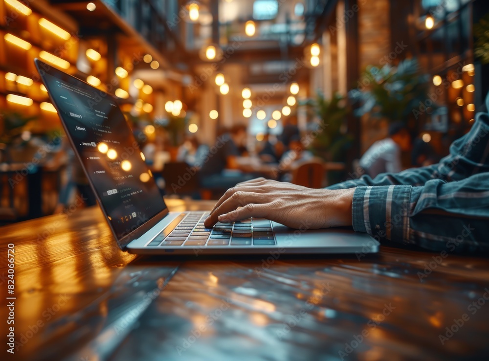 Man's hands typing on a laptop with a blank screen, in an office background, with blurred people in the background, in the style of a mockup style Man's hands typing on a laptop with a blank screen, in an office background, with blurred people in the background, in the style of a mockup style