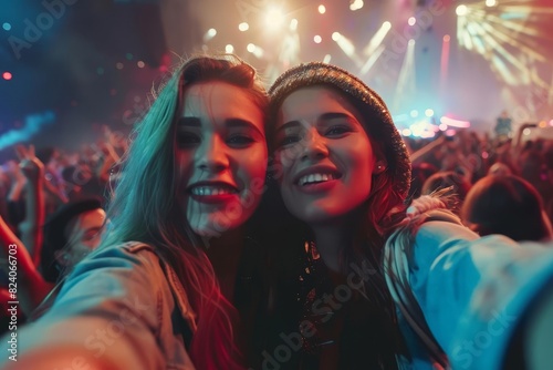 energetic selfie of female friends enjoying live music concert in arena lifestyle photo
