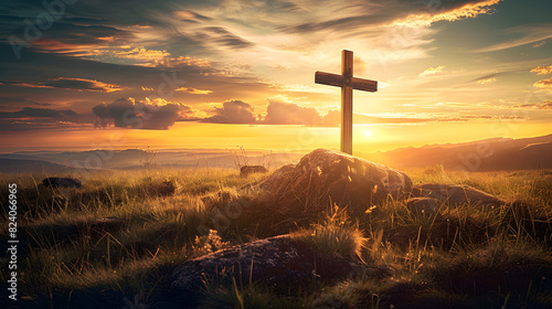A cross standing on a grassy field during a serene sunset, perfect for Ascension Day and Easter religious concepts emphasizing faith and spirituality. photo