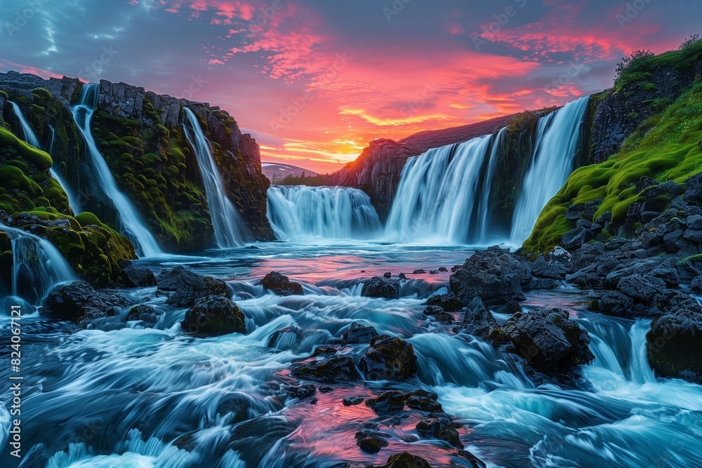 Fototapeta premium : A mesmerizing view of Bruarfoss Waterfall, its icy blue waters cascading over rugged rocks, surrounded by lush green moss under a vibrant, fiery sunset.