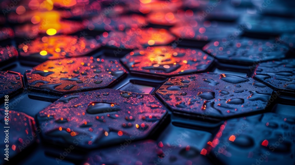 Vivid, reflective water drops on blue textured surface with warm glow Vivid, reflective water drops on blue textured surface with warm glow