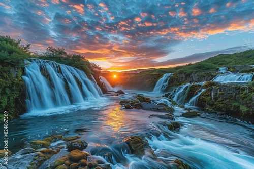   A picturesque scene of Bruarfoss Waterfall  where the clear blue water contrasts with the vibrant greenery  all under a breathtaking sunset sky  reflecting the serene and magical essence of Iceland.