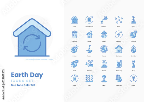 Earth day icons collection. Set contains such Icons as Recycling, Tree, Globe, Nature, Sustainability, Green Energy, Solar Panels, Wind Turbine, Eco-friendly, Conservation, Earth, Environment, and mor