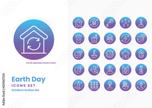 Earth day icons collection. Set contains such Icons as Recycling, Tree, Globe, Nature, Sustainability, Green Energy, Solar Panels, Wind Turbine, Eco-friendly, Conservation, Earth, Environment, and mor