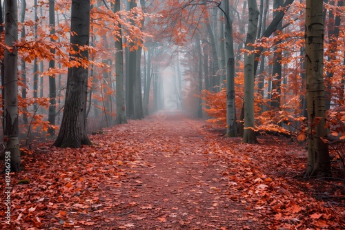   A scenic autumn forest path covered in red-brown maple leaves  surrounded by trees with brilliant orange leaves  captured in the soft  diffuse light of a foggy morning.