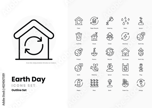 Earth day icons collection. Set contains such Icons as Recycling, Tree, Globe, Nature, Sustainability, Green Energy, Solar Panels, Wind Turbine, Eco-friendly, Conservation, Earth, Environment, and mor
