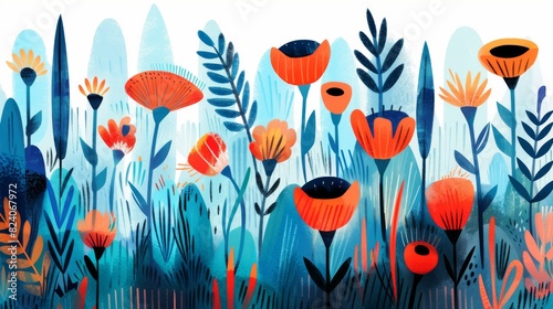 Vibrant floral meadow illustration with abstract poppies and textured foliage
