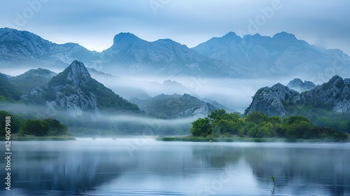 Lake view with misty mountains
