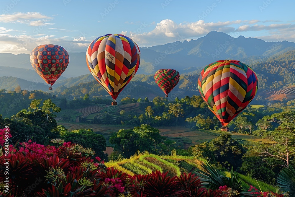 Obraz premium : Hot air balloons with bold geometric patterns flying over the diverse flora and fauna of Doi Inthanon National Park, with the majestic mountain range in the background
