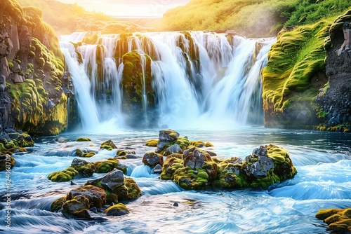   Majestic view of the Bruarfoss Waterfall cascading into pristine blue waters  surrounded by vibrant moss-covered rocks 
