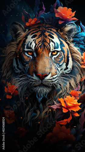 Tiger Surrounded by Flowers