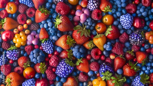 A vivid overhead shot of an assorted mix of colorful berries including strawberries  blueberries