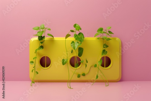 Yellow power strip with three empty slots and plants growing out of the holes, isolated on a pink background photo