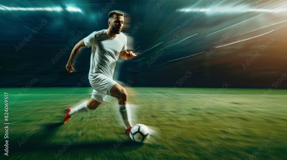 soccer player with sweep effect on a field with a ball