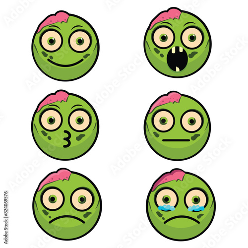 set of hand drawn green zombie emojis with different expressions, smile, smiling, surprised, curious, sad, angry, depressed, crying