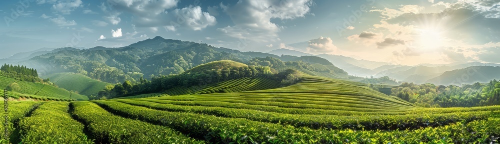 Green tea plantation with mountains in the background in sunlight