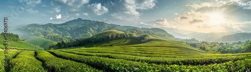 Green tea plantation with mountains in the background in sunlight