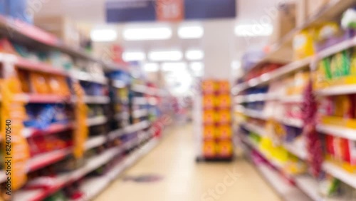 Blurred supermarket aisles with various products on display, store interior as background. High quality 4k footage